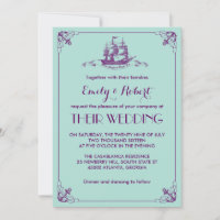 Trouwkaart met vintage schip in marineblauw en tur