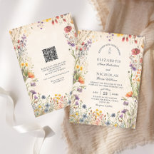 Trouwkaart met vintage wilde bloemen en QR-code