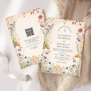 Trouwkaart met vintage wilde bloemen en QR-code Kaart