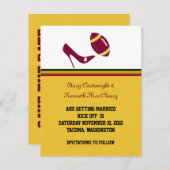 Trouwkaart met Voetbal Maroon & Geel Save the Date Kaart (Voorkant / Achterkant)