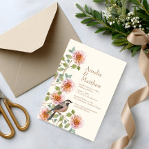 Trouwkaart met vogels tussen bloemen