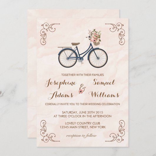 Trouwkaart met waterverf fiets bloemen kaart (Voorkant / Achterkant)