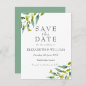 Trouwkaart met waterverf weidebladeren Save the Da Aankondigingskaart (Voorkant / Achterkant)