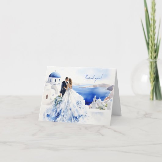 Trouwkaart met waterverfschildering van Santorini Bedankkaart (Voorkant)