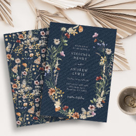 Trouwkaart met wilde bloemen in marineblauw kaart