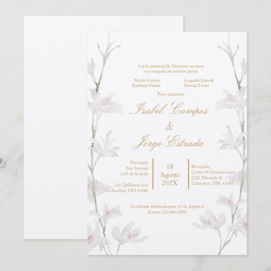 Trouwkaart met witte bloem in beige kleur kaart (Voorkant / Achterkant)