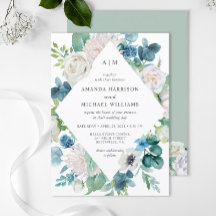 Trouwkaart met zachte blauwe witte pastel bloemen