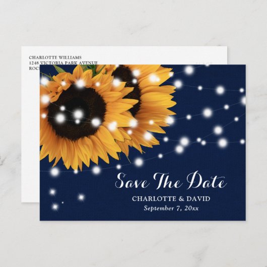 Trouwkaart met zonnebloem in marineblauw 'Save the Aankondigingskaart (Voorkant / Achterkant)