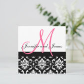 Trouwkaart Monogram Namen Heet Roze Damast Kaart (Staand voorkant)