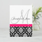 Trouwkaart Monogram Zwart Roze Damast Kaart (Staand voorkant)