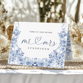 Trouwkaart Mr & Mrs Watercolor Stofblauw Bloem Bedankkaart