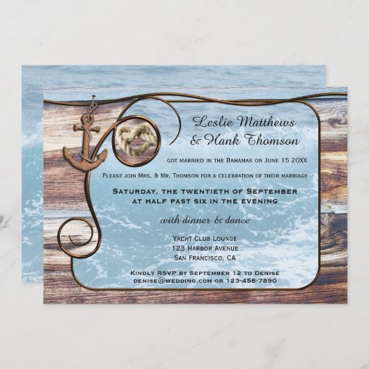 Trouwkaart na de bruiloft met scheepsanker of zeil kaart (Voorkant / Achterkant)