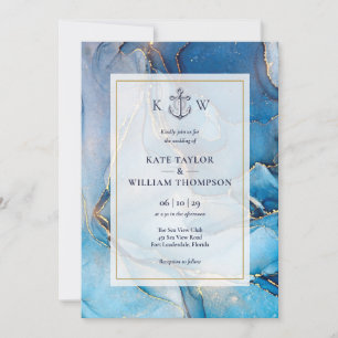Trouwkaart Nautisch Blauw En Goud Agate Monogram Kaart