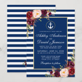 Trouwkaart Nautisch Blauw Strepen Burgundy Uitnodi Kaart (Voorkant / Achterkant)