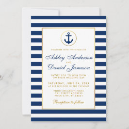 Trouwkaart Nautisch Blauw Strepen Goud Uitnodiging