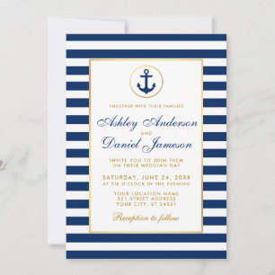 Trouwkaart Nautisch Blauw Strepen Goud Uitnodiging