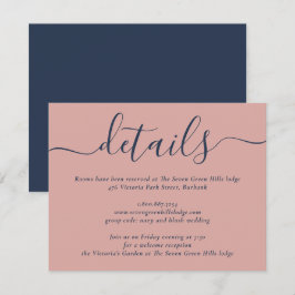 Trouwkaart Navy Blauw en Blush Modern Schuingedruk Informatiekaartje