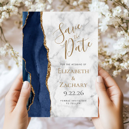 Trouwkaart Navy Blauw Goud Agaat Marmer Save the D Kaart