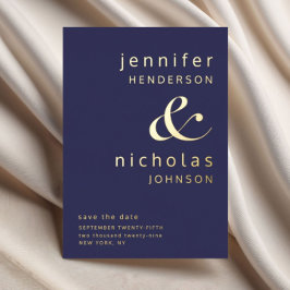 Trouwkaart Navy Blauw Goud Ampersand Save The Date Folie Uitnodiging