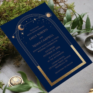 Trouwkaart Navy Blauw Goud Hemelzon Maan Sterren Kaart