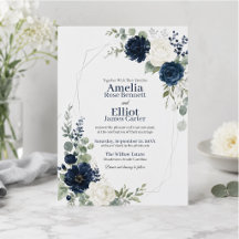 Trouwkaart Navy Blauw Ivoor Bloem Motief Geometris