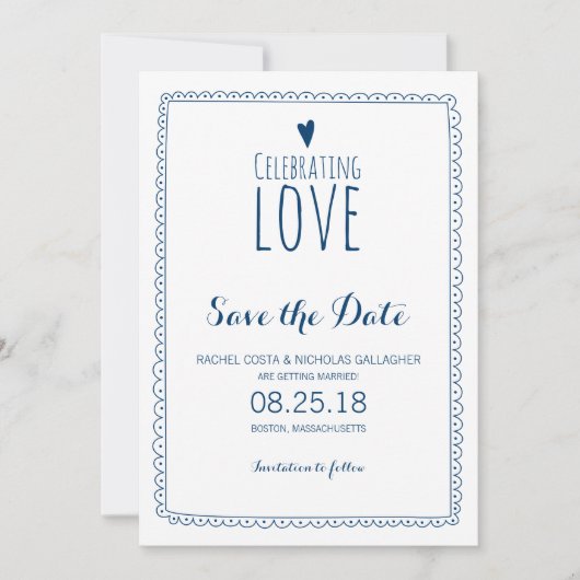 Trouwkaart Navy Blauw Liefde Vieren Save the Date (Voorkant)