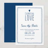 Trouwkaart Navy Blauw Liefde Vieren Save the Date (Voorkant / Achterkant)