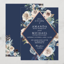 Trouwkaart Navy Blauw Rose Goud Bloemmotief