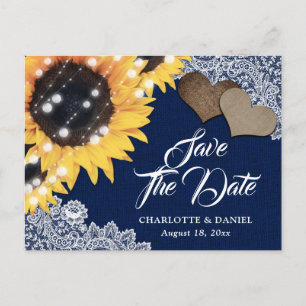 Trouwkaart Navy Blauw Rustieke Zonnebloem Save The Aankondigingskaart