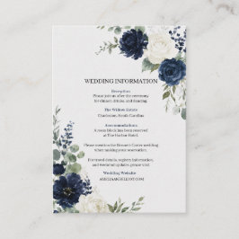 Trouwkaart Navy Blauw Zilver Ivoor Bloemen Informatiekaartje