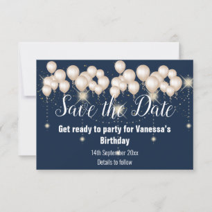 Trouwkaart Navy Blauwe Ballon Glitter Save the Dat RSVP Kaartje