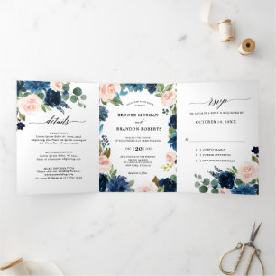 Trouwkaart Navy Blauwe Blush Roze Trifold Uitnodig Drieluik Aankondiging