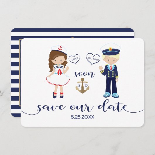 Trouwkaart Navy Blauwe Strepen Goud Save the Date (Voorkant / Achterkant)