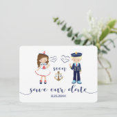Trouwkaart Navy Blauwe Strepen Goud Save the Date (Staand voorkant)