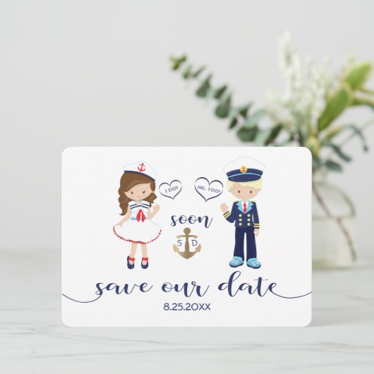 Trouwkaart Navy Blauwe Strepen Goud Save the Date (Staand voorkant)