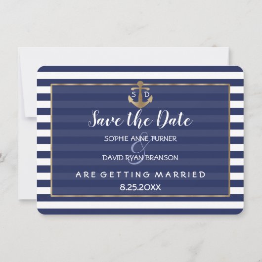 Trouwkaart Navy Blauwe Strepen Goud Save the Date (Achterkant)