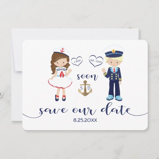Trouwkaart Navy Blauwe Strepen Goud Save the Date (Voorkant)