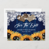 Trouwkaart Navy Blauwe Zonnebloem Save The Date Aankondigingskaart (Voorkant / Achterkant)