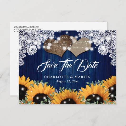 Trouwkaart Navy Blauwe Zonnebloem Save The Date Aankondigingskaart (Voorkant / Achterkant)