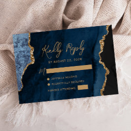 Trouwkaart Navy Blue Agate Goud Schrift RSVP Kaartje