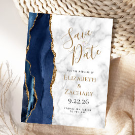 Trouwkaart Navy Blue Goud Agate Marmer Aankondigingskaart