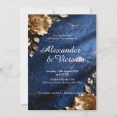 Trouwkaart Navy Blue Goud Marmer Kaart (Voorkant)