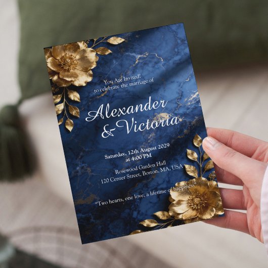 Trouwkaart Navy Blue Goud Marmer Kaart