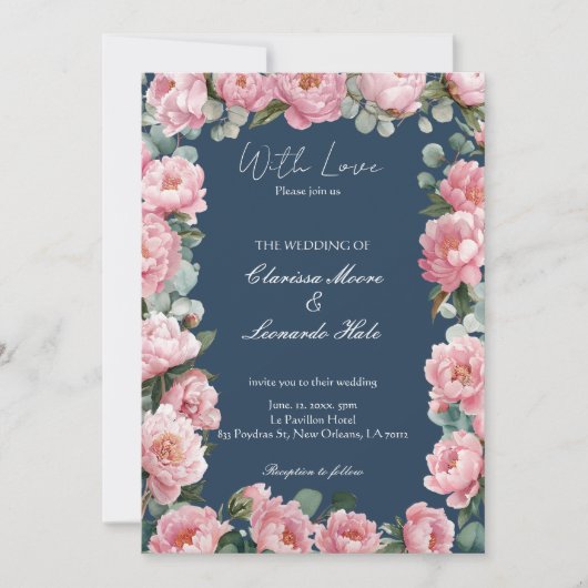 Trouwkaart Navy Blush Pioen Eucalyptus Kaart (Voorkant)