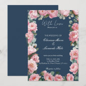 Trouwkaart Navy Blush Pioen Eucalyptus Kaart (Voorkant / Achterkant)