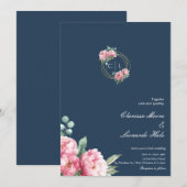 Trouwkaart Navy Blush Pioen Gouden Frame Kaart (Voorkant / Achterkant)