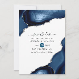 Trouwkaart Navy en Zilver Agate Save The Date
