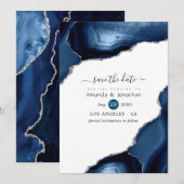 Trouwkaart Navy en Zilver Agate Save The Date (Voorkant / Achterkant)