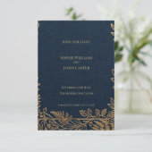 Trouwkaart Navy Gold Botanical Save The Date (Staand voorkant)