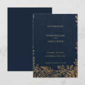 Trouwkaart Navy Gold Botanical Save The Date (Voorkant / Achterkant)